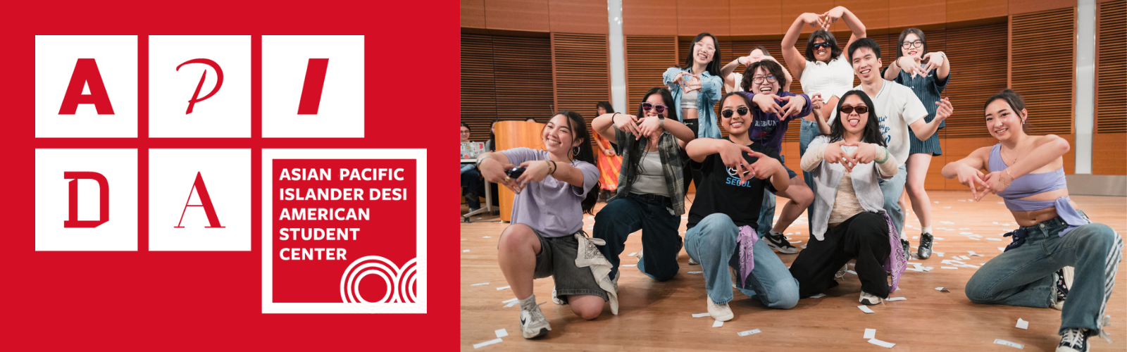 The Asian Pacific Islander Desi American logo next to a photo of students ending a dance routine making hearts with their hands at the 2026 APIDA Gala.